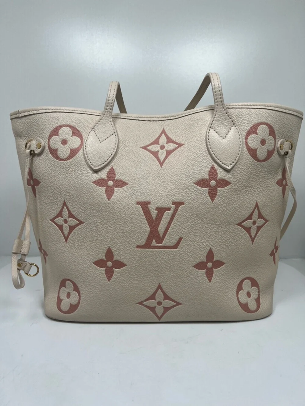 Louis Vuitton Neverfull MM Tote Bag Cream Pink Monogram Empreinte Style Tote Bag